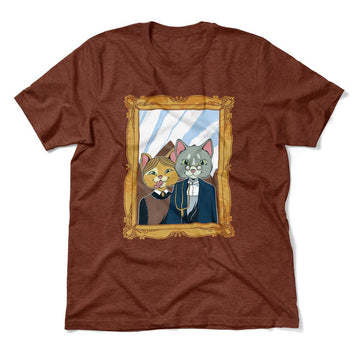 American Gothic Cats Men/Unisex T-Shirt in Heather Clay color
